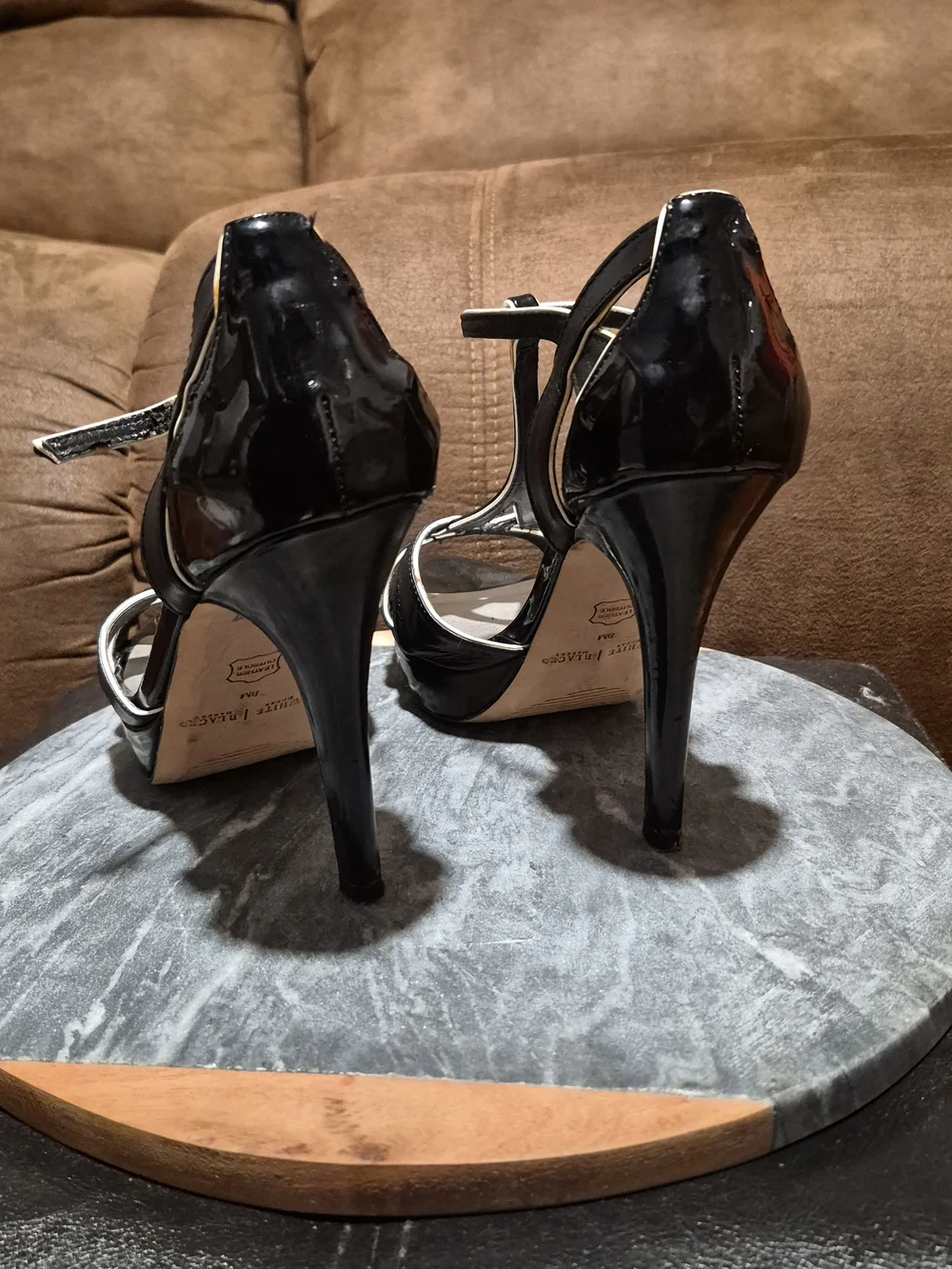 White House Black Market Black T‑Bar Stiletto Sandals with White Trim